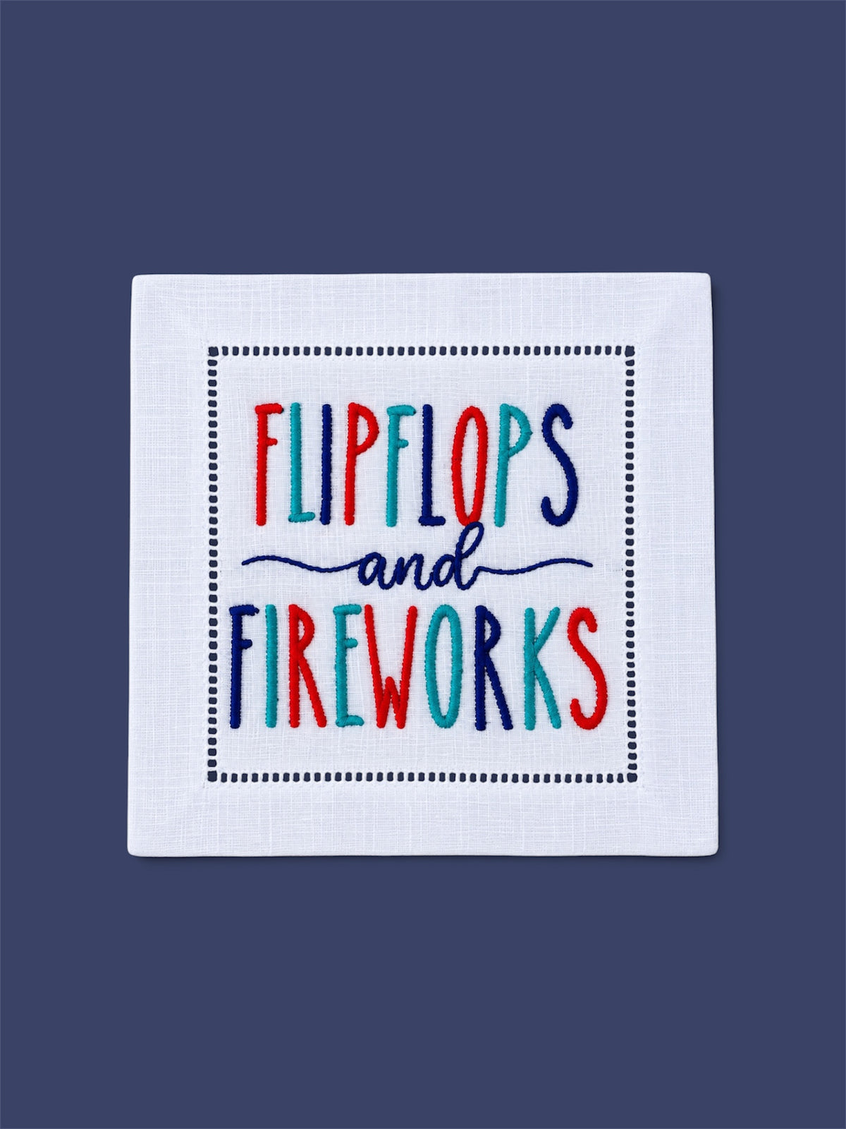 Embroidered Flip Flops and Fireworks Linen Cocktail Napkin