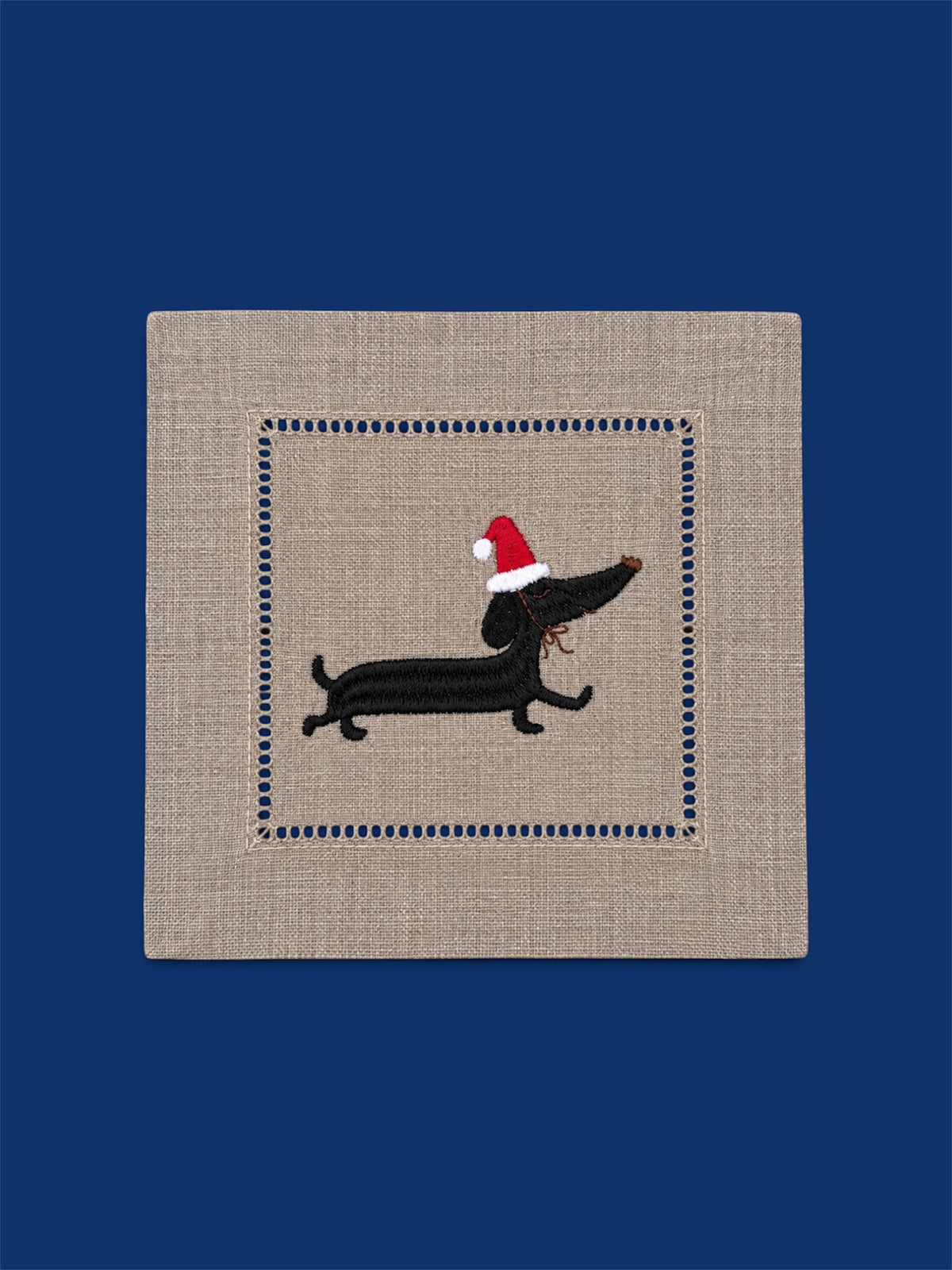 Embroidered Christmas Dacshund Linen Cocktail Napkin