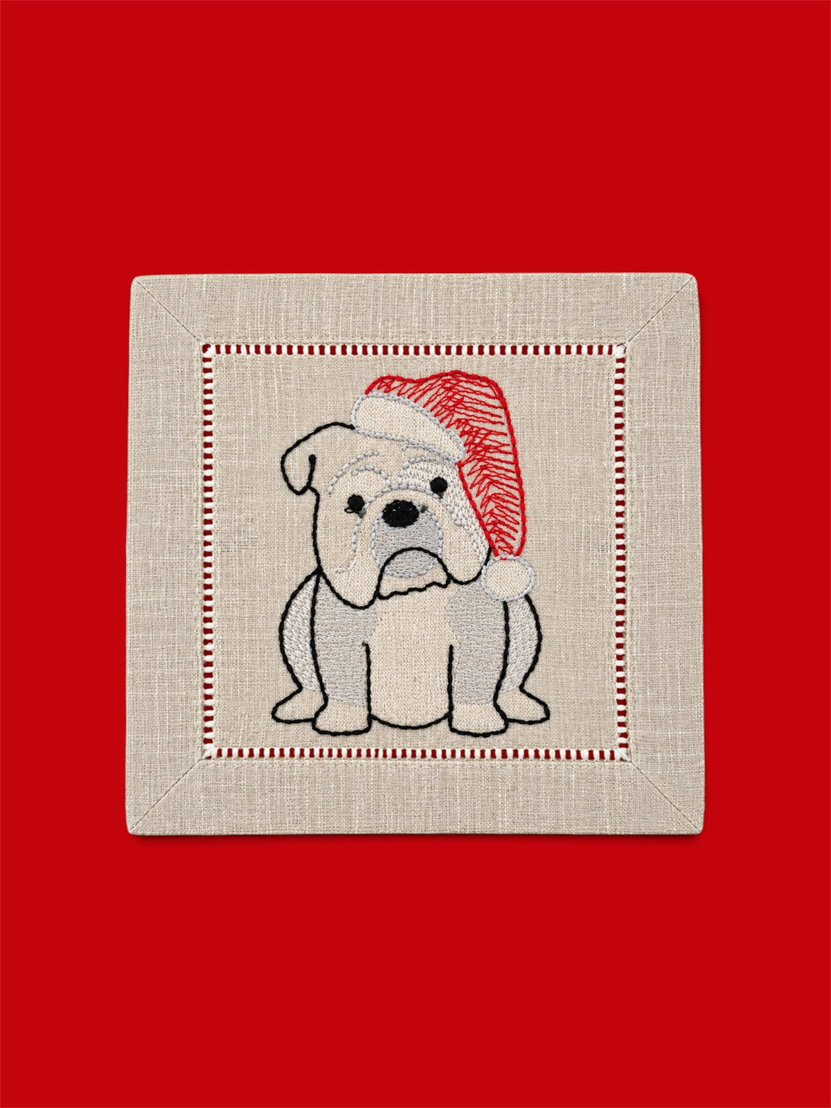 Embroidered Bulldog Linen Cocktail Napkin