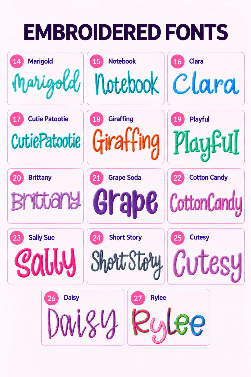 Embroidery lettering styles 14–27, evenly arranged with one Daisy option