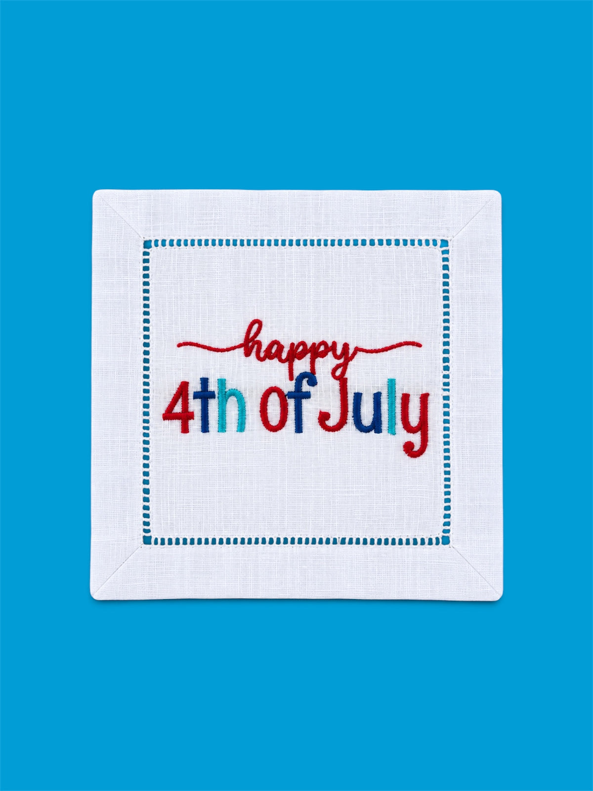 Embroidered Happy 4th of July Linen Cocktail Napkin