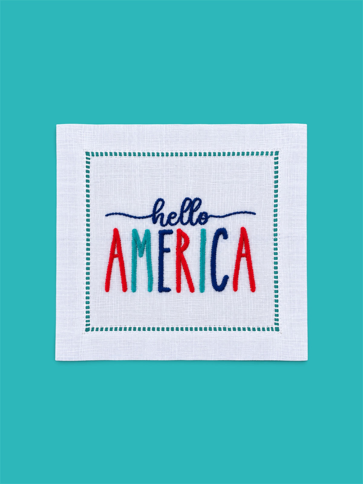 Embroidered Hello America Linen Cocktail Napkin