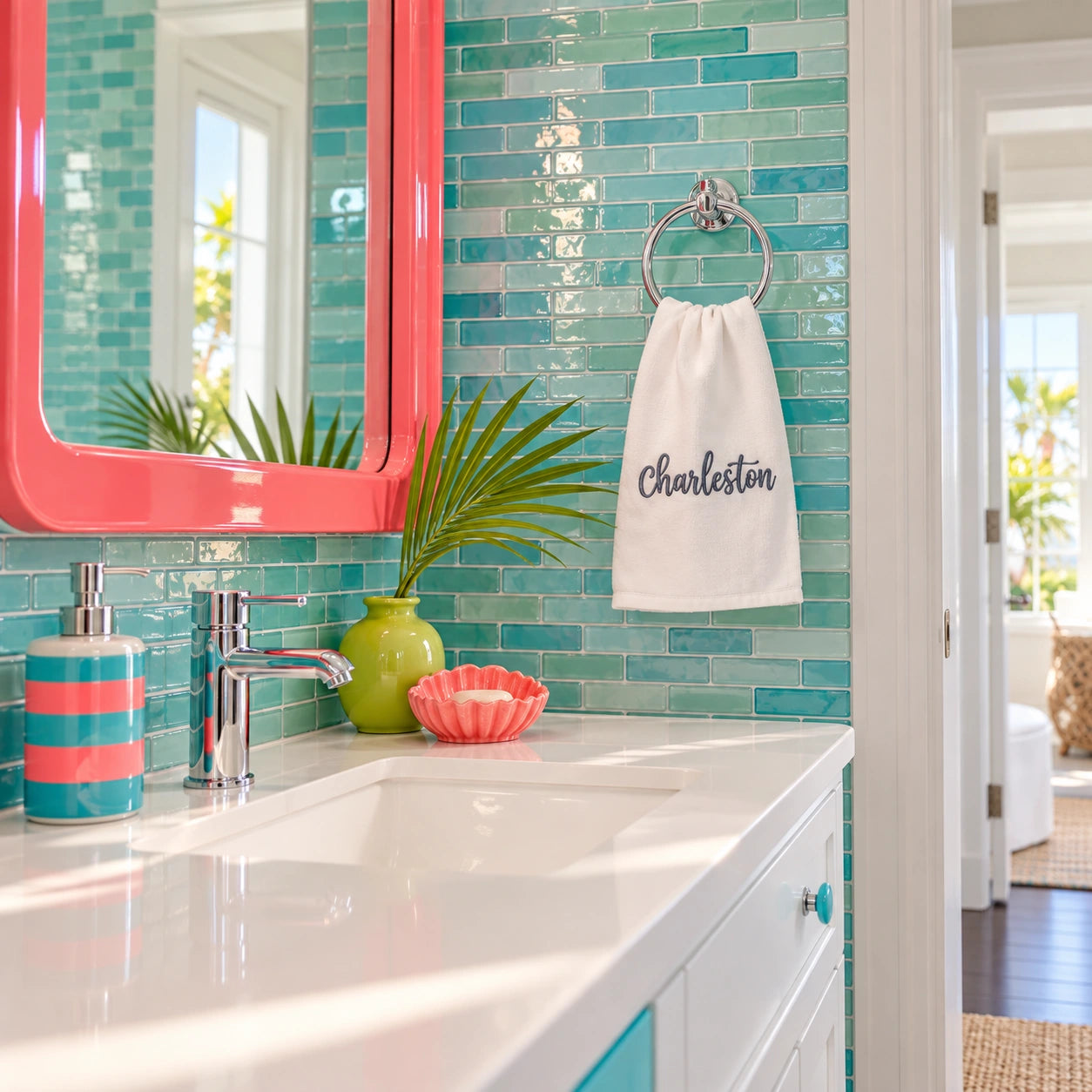 Charleston embroidered towel in a colorful coastal bathroom with aqua glass tile and coral mirror