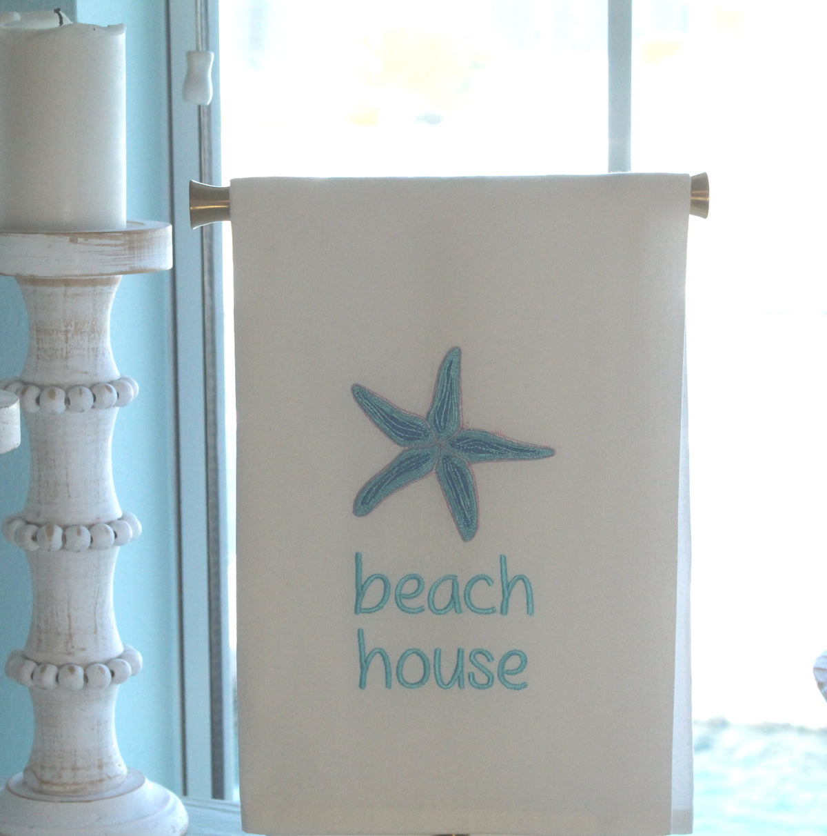Embroidered Beach House Tea Towel