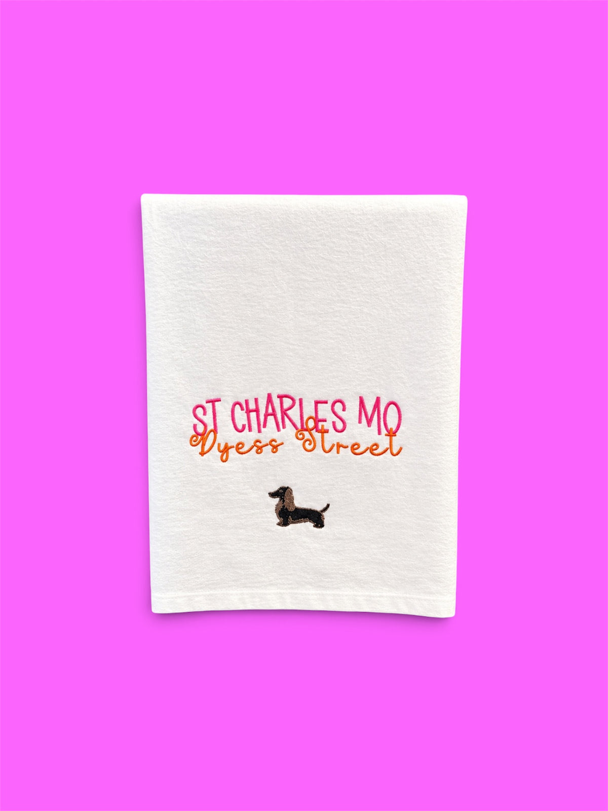 Embroidered City & State Tea Towel with Dacshund