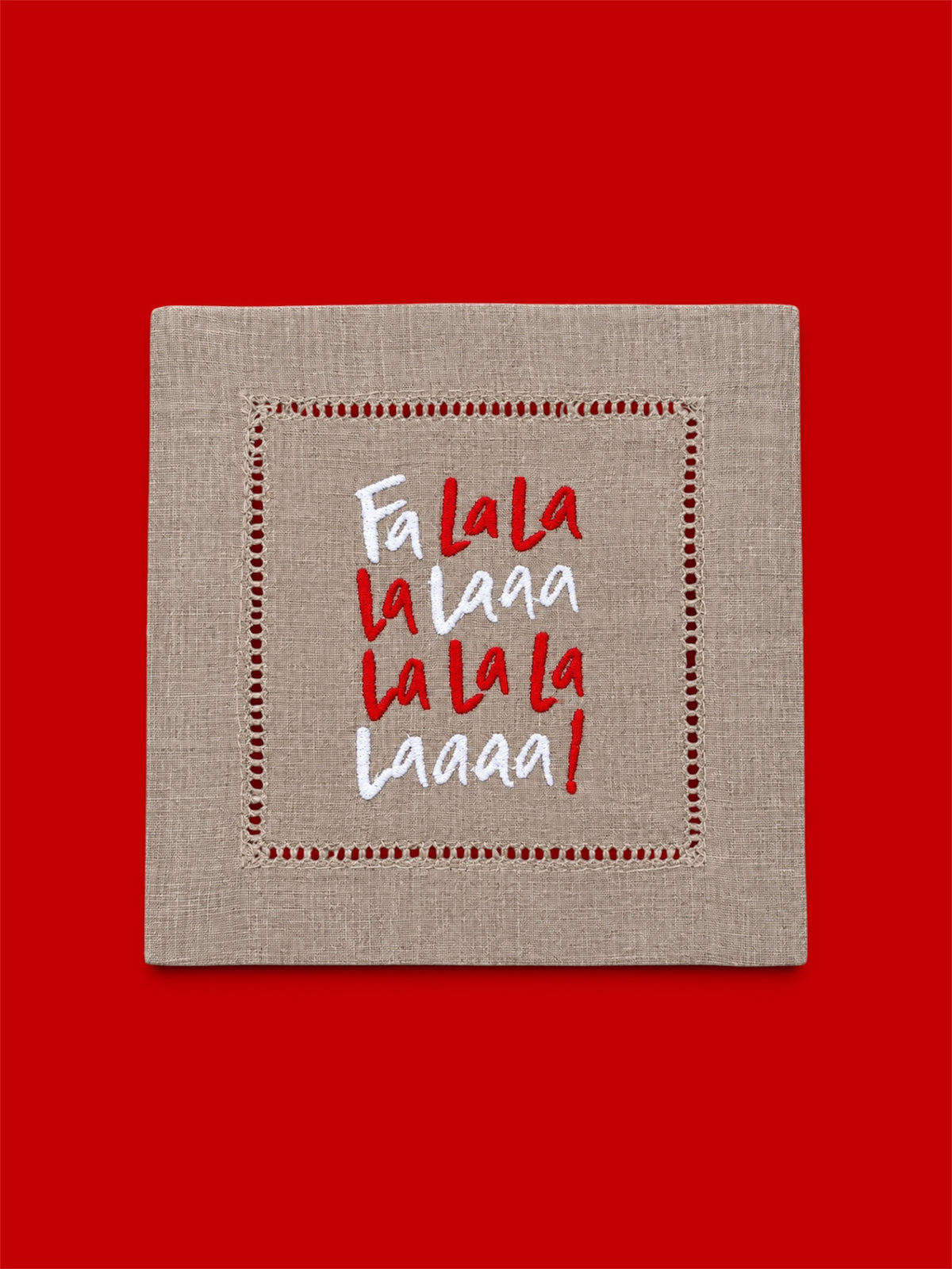 Embroidered Fa La La La La Linen Cocktail Napkin