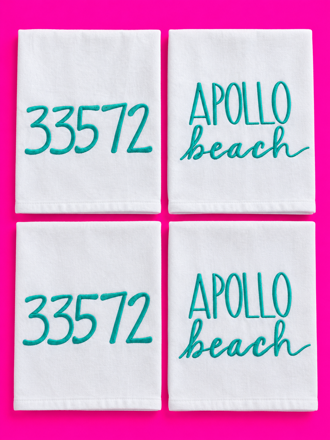 Apollo Beach and 33572 embroidered tea towels on neon pink