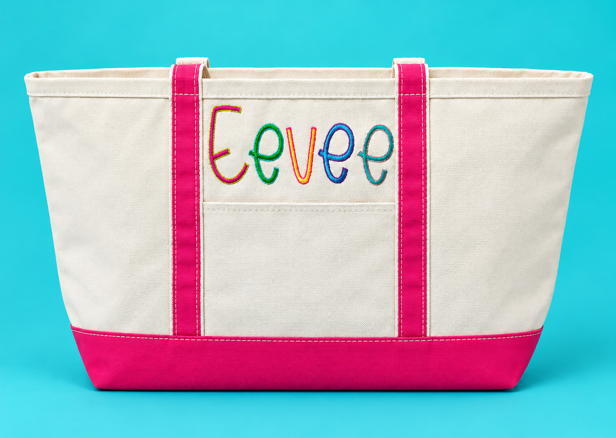 Cream canvas tote with pink trim and colorful Eevee embroidery on a turquoise background.