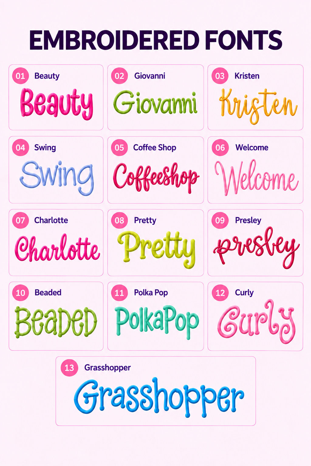 Embroidery lettering styles 01–13 with Grasshopper spelled in full