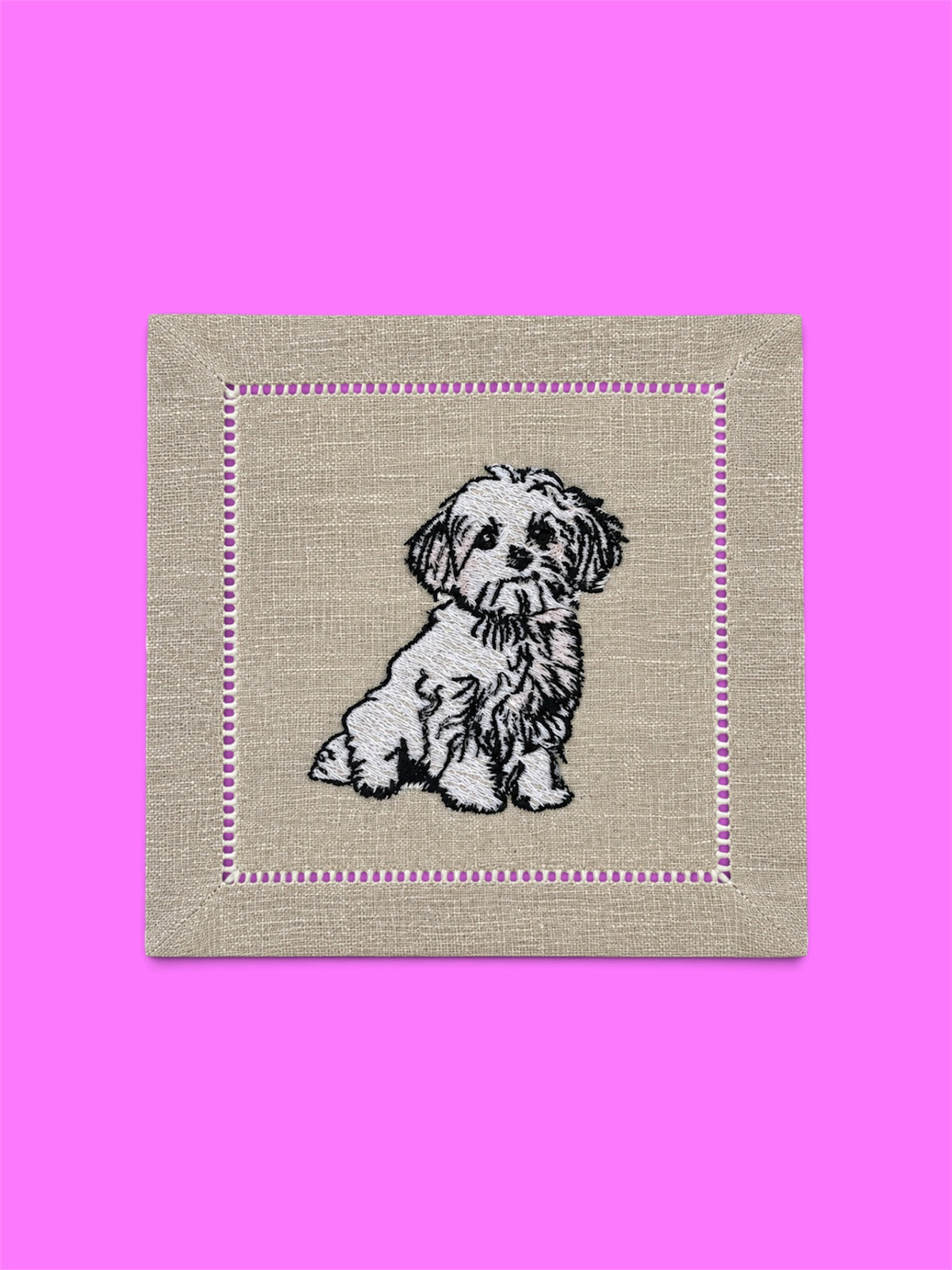 Embroidered Maltese Dog Linen Cocktail Napkin