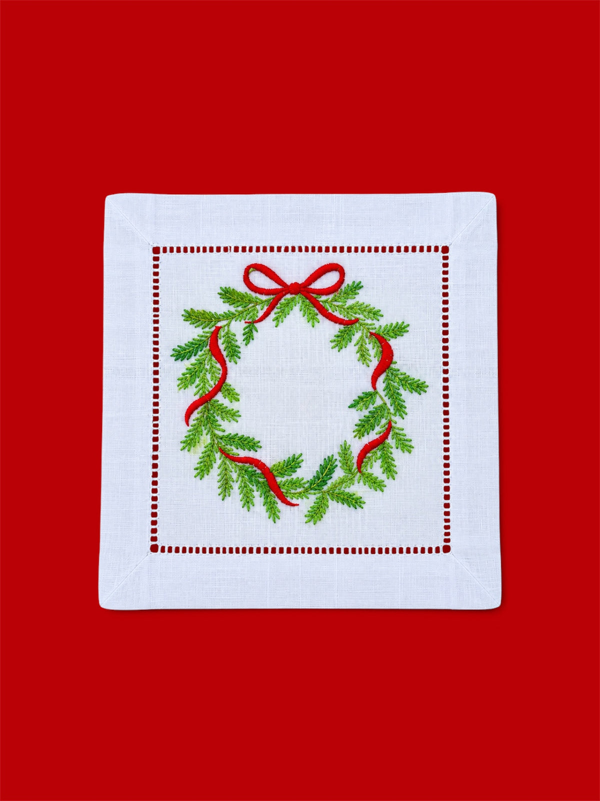 Embroidered Wreath Linen Cocktail Napkin