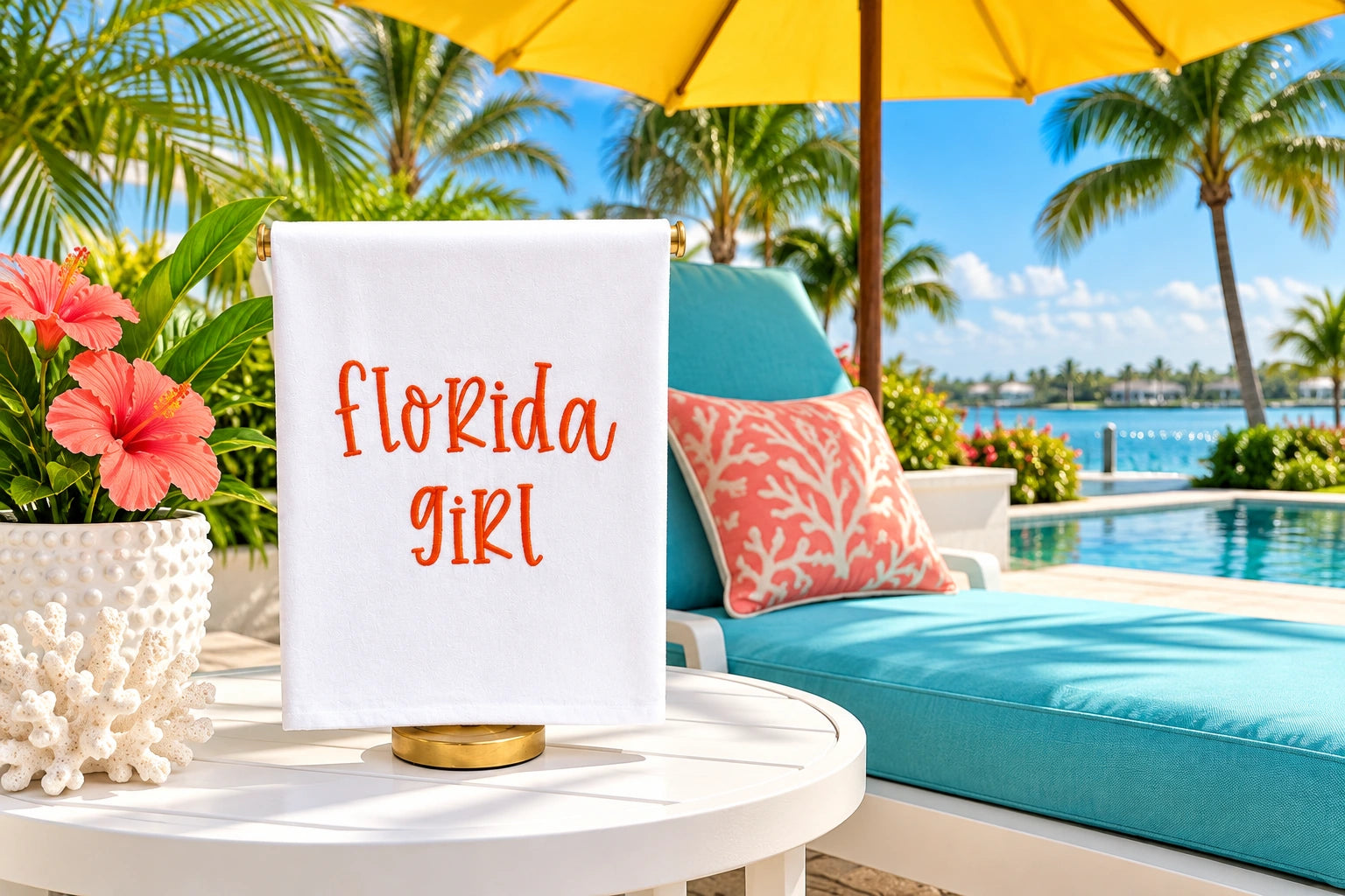 Florida Girl embroidered towel beside an aqua chaise, yellow umbrella and palms on a sunny coastal patio